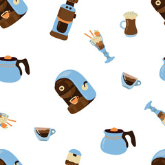 Coffee seamless pattern coffee pot, coffee machine, coffee. Design for cafe, fabric, textile, wallpaper, packaging	