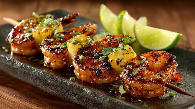 A succulent shrimp skewer grilled to perfection and drizzled with a zesty tequila lime marinade a fiery and fresh taste explosion.