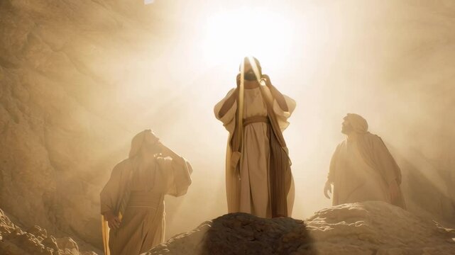  Jesus Christ with glowing light standing on a hill as men on their knees bow before him at sunset, religious concept.