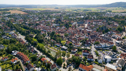 Aerial view of the old town of the city Korbach in Germany on an overcast day in afternoon