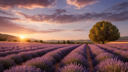 Fototapeta premium Lavender field at sunset with a tree and rows of flowers under a cloudy sky with a golden sun glow 100