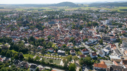 Aerial view of the old town of the city Korbach in Germany on an overcast day in afternoon