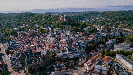 Aerial view of the old town of the city Marburg in Germany on an overcast day in afternoon
