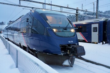 Close-up of a locomotive at Dombaas train station in Dombaas, Norway.