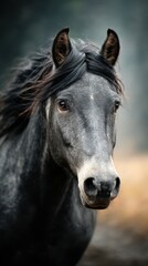 Black horse with flowing mane stands alert in a serene setting during the golden hour of late afternoon