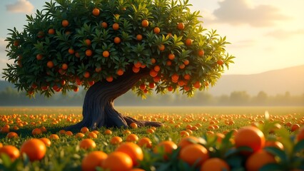 "Isolated Realistic Orange Tree with Few Ripe Oranges and Thick Foliage in Open Field &ndash; Bright Natural Scene in 16K Wallpaper Quality"