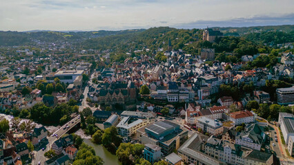 Aerial view of the old town of the city Marburg in Germany on an overcast day in afternoon