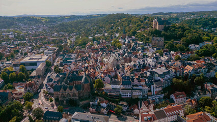 Aerial view of the old town of the city Marburg in Germany on an overcast day in afternoon