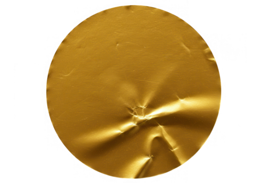 A crumpled gold circular sticker isolated on transparent background
