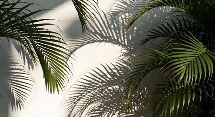 Tropical Palm Leaves Shadows on White Wall Bright Natural Light Summer Background Nature Pattern