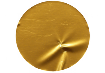 A round gold sticker with a crumpled texture, isolated on transparent background