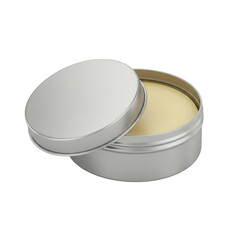 Open metal tin container filled with yellow balm isolated on transparent background