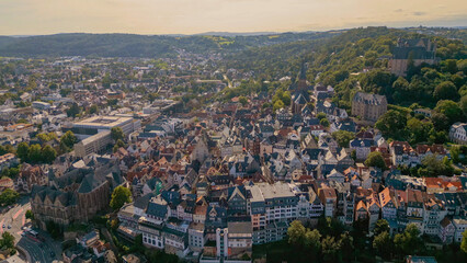Aerial view of the old town of the city Marburg in Germany on an overcast day in afternoon