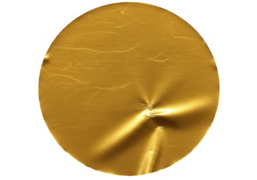 A round gold sticker with a crumpled texture, isolated on transparent background
