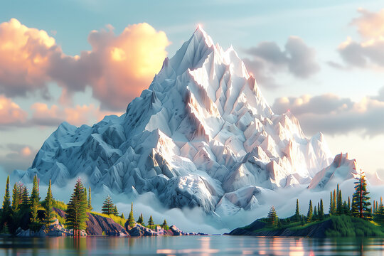 Low-poly mountain with candlestick trees growing upward