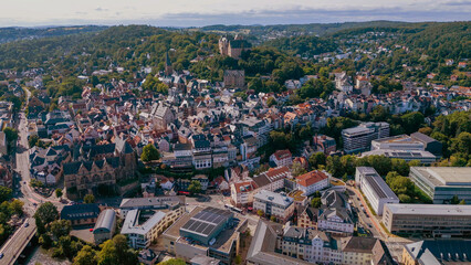 Aerial view of the old town of the city Marburg in Germany on an overcast day in afternoon