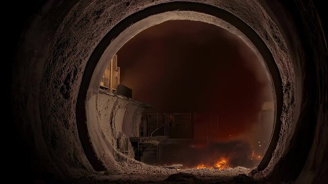 Macro shot of a rotary kiln, exposing the redhot flames engulfing the raw materials, the intense heat that fuels the cement manufacturing process.
