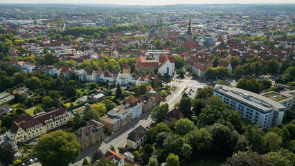 Aerial view of the old town of the city Osnabrück in Germany on an sunny morning day in spring