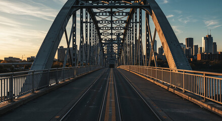 Fototapeta premium Steel Bridge at Sunset Over City Skyline