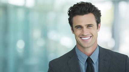 Confident male executive in tailored suit, smiling warmly. Leadership and professionalism in a modern corporate setting.
