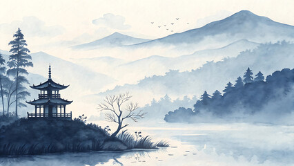 Serene Asian Landscape Watercolor Painting with Pagoda, Mountains, Trees and Lake Featuring a Tranquil Nature Scene in a Peaceful Environment