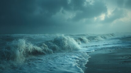 Obraz premium Dark sky over beach before hurricane concept. Serene ocean waves under a cloudy sky at twilight