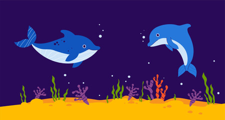 Couple of Cute Dolphins with algae and coral on sandy seabed on dark blue background. Horizontal underwater landscape with Swimming animals. Vector illustration in a flat style