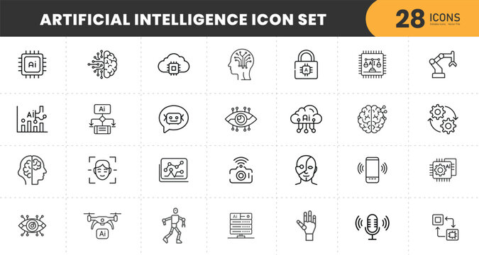  Artificial intelligence icon set. Containing machine learning, AI, generative AI, technology, virtual assistant , Robotics, Technical support, LLM and more. Solid vector icons collection
