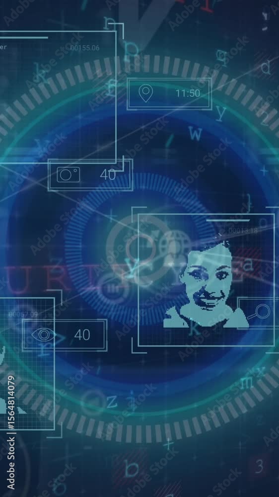Poster animation of network of profile icons and data processing over round scanner against blue background