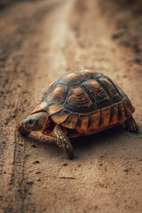 Detailed image of a tortoise slowly crossing a sandy path
