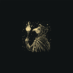 Fototapeta premium Plague doctor woman holding torch at night with night sky full of stars design vector template illustration