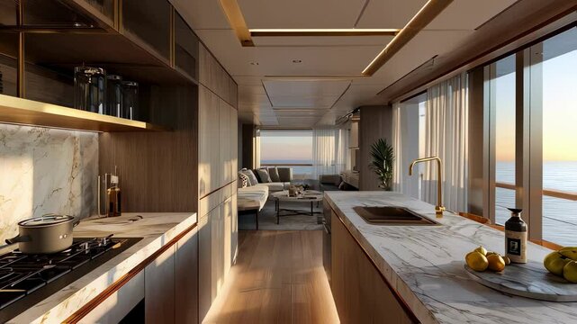 Sleek marble countertops and golden fixtures adorn the cabins galley kitchen, while the warm golden light from the sunset casts a soft glow throughout the space.