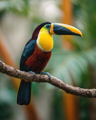 Obraz premium Vibrant toucan perched on a tropical branch in a lush jungle setting