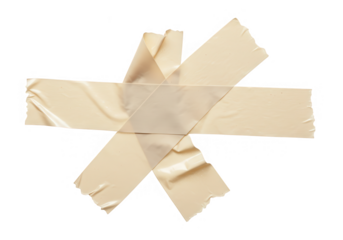 Four pieces of creased brown adhesive tape crossed and isolated on transparent background