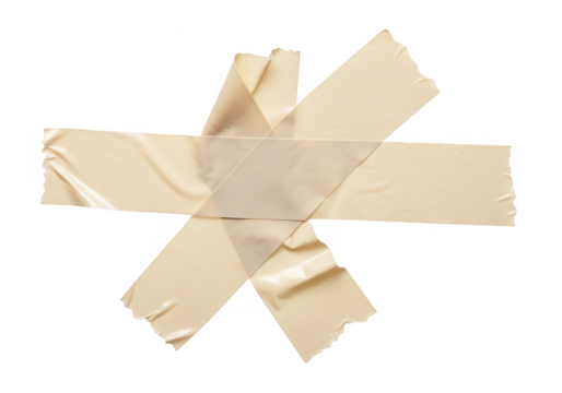 Four pieces of creased brown adhesive tape crossed and isolated on transparent background