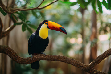 Naklejka premium Toucan sitting on a tree branch with rainforest foliage in the background