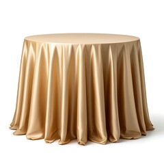 A luxurious gold satin tablecloth drapes elegantly over a round table, isolated on white background