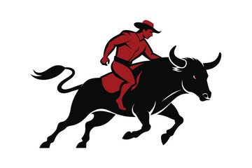A bull man riding a aggressive bull silhouette on white background