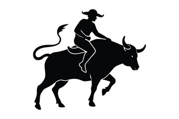 Obraz premium A bull man riding a aggressive bull silhouette on white background