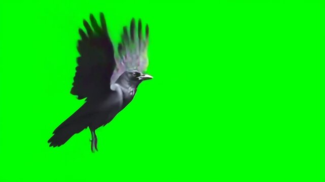 Crow caws and jumps, isolated on green screen, chroma key, footage, mockup, loop