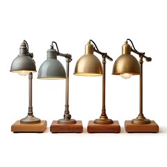 Obraz premium Four stylish metal desk lamps with wood bases in gray, brass, and gold sit on a white background