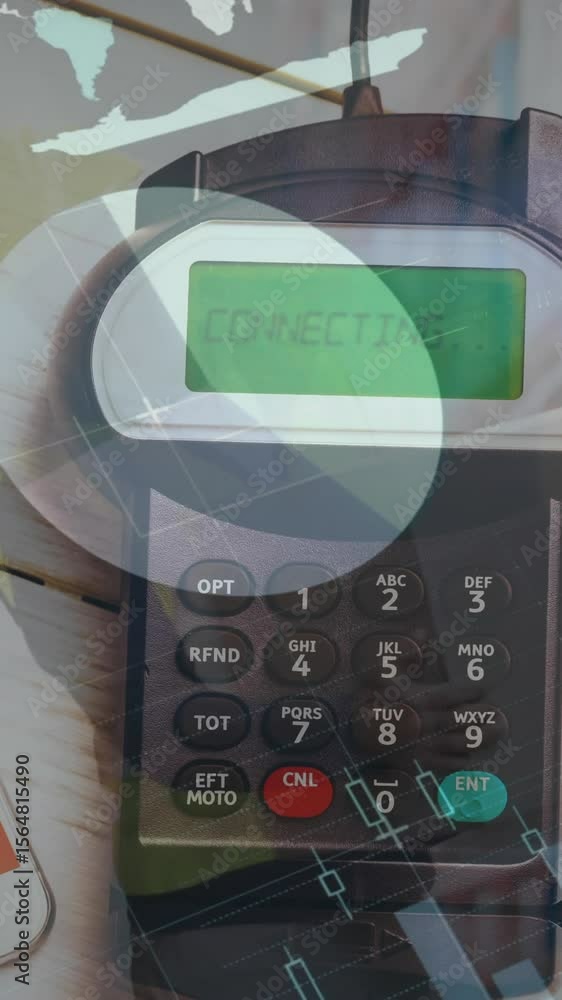 Poster animation of financial data processing over smartphone and payment terminal