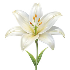 A beautiful white lily flower with a green stem is isolated on transparent background