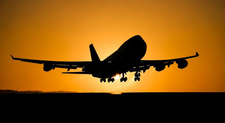 Fototapeta premium Majestic silhouette of a large jet airplane descending against a vibrant sunset sky, capturing the essence of air travel and adventure.