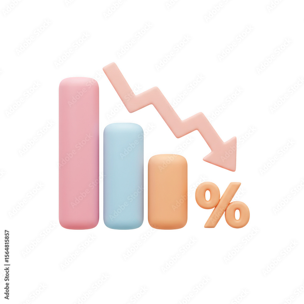 Poster a 3d render of a bar graph showing a decrease in percentage, isolated on transparent background
