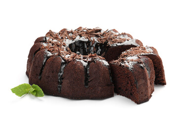 Delicious chocolate bundt cake and mint isolated on white