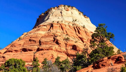 Wind Swept Sandstone Mesa Against A Deep Blue Sky Showcasing Red Orange Hues Sunlight Illumination And Rugged Terrain