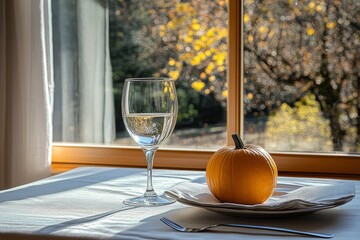 Minimalist Thanksgiving dining scene featuring pumpkin centerpiece and autumn view, evoking seasonal celebration and cozy home gatherings
