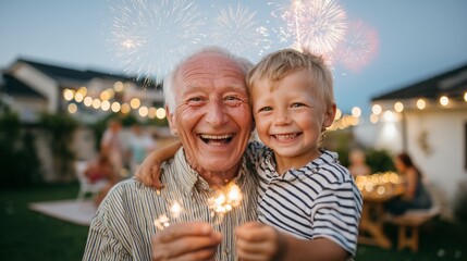 A cinematic shot of a grandfather and grandchild creating memories during a national holiday celebration, with festive string lights and soft-focus fireworks in the background.
