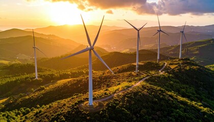 Wind Turbines Silhouetted Against Sunrise Over Rolling Hills and Landscape in Soft Golden Light